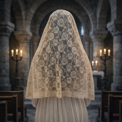 Beige lace chapel veil - beige,