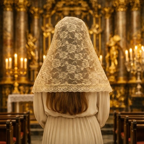Beige lace chapel veil - chapel,